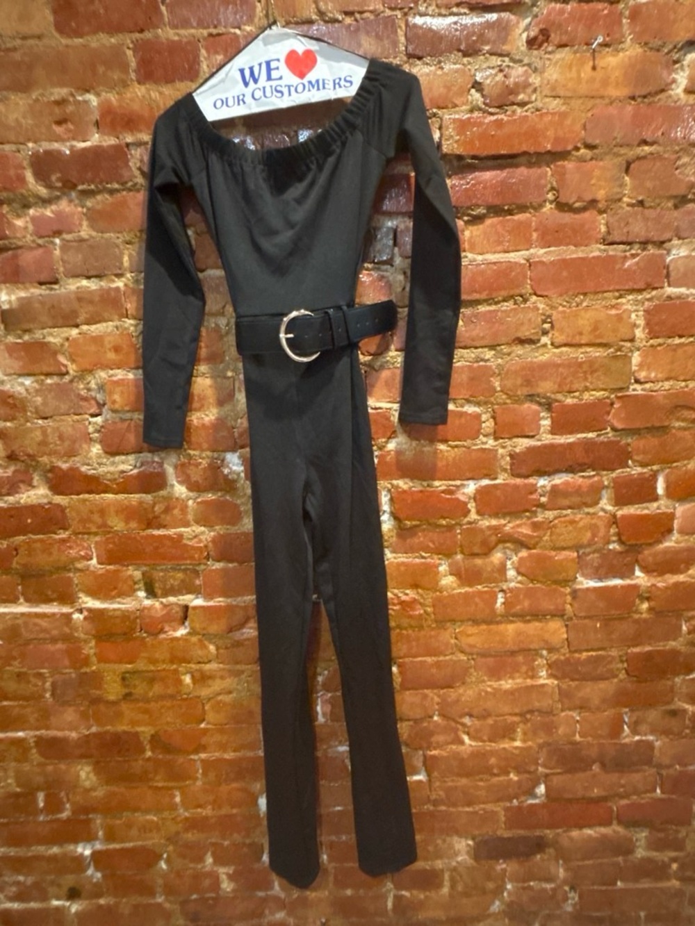 Black off shoulder Long-Sleeve Jumpsuit with Belt